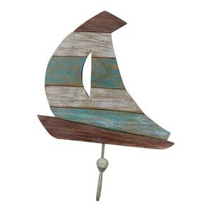 Sailboat Slatted Carved Wood Single Hook Wall Plaque